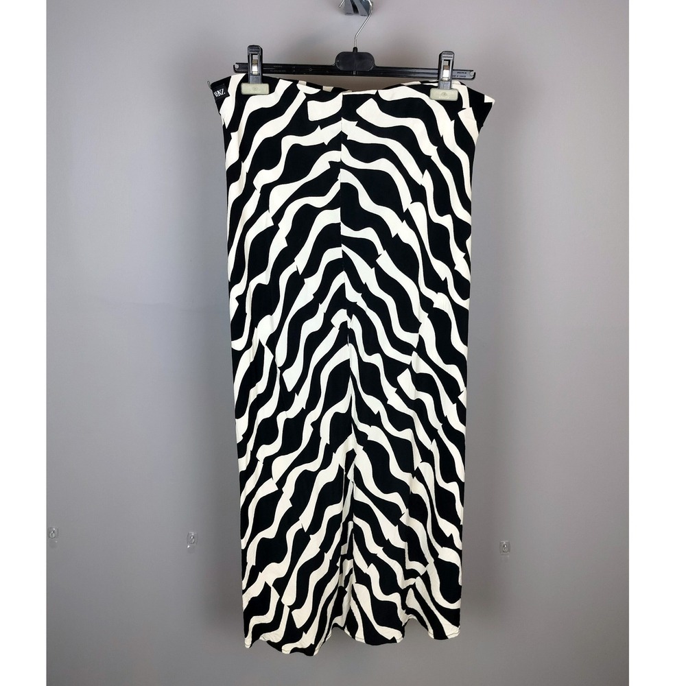 Zara Viscose Wavy Zebra Print Midi Skirt Womens XL Black White Graphic Elastic